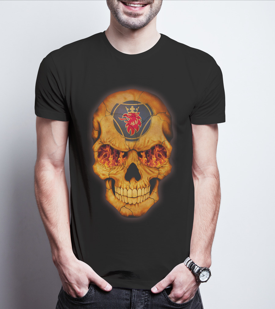 SCANIA Skull With Fiery Eyes And Lion Emblem T-Shirt