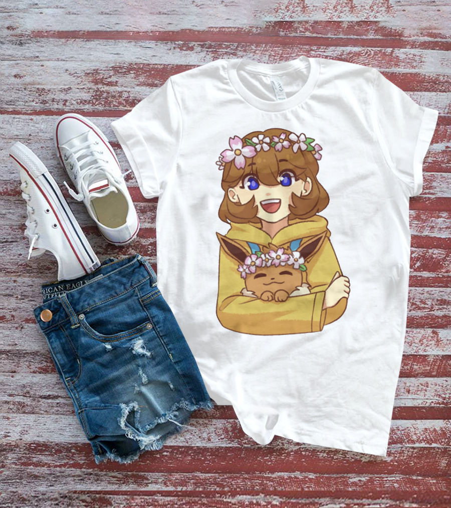 Ash With Flower Crown And Eevee Hugging T-Shirt