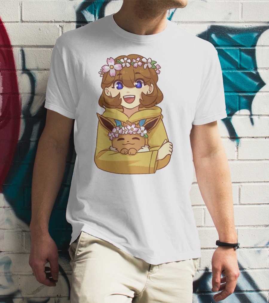 Ash With Flower Crown And Eevee Hugging T-Shirt