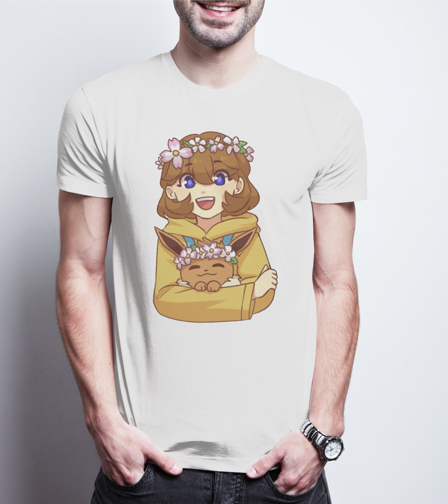 Ash With Flower Crown And Eevee Hugging T-Shirt