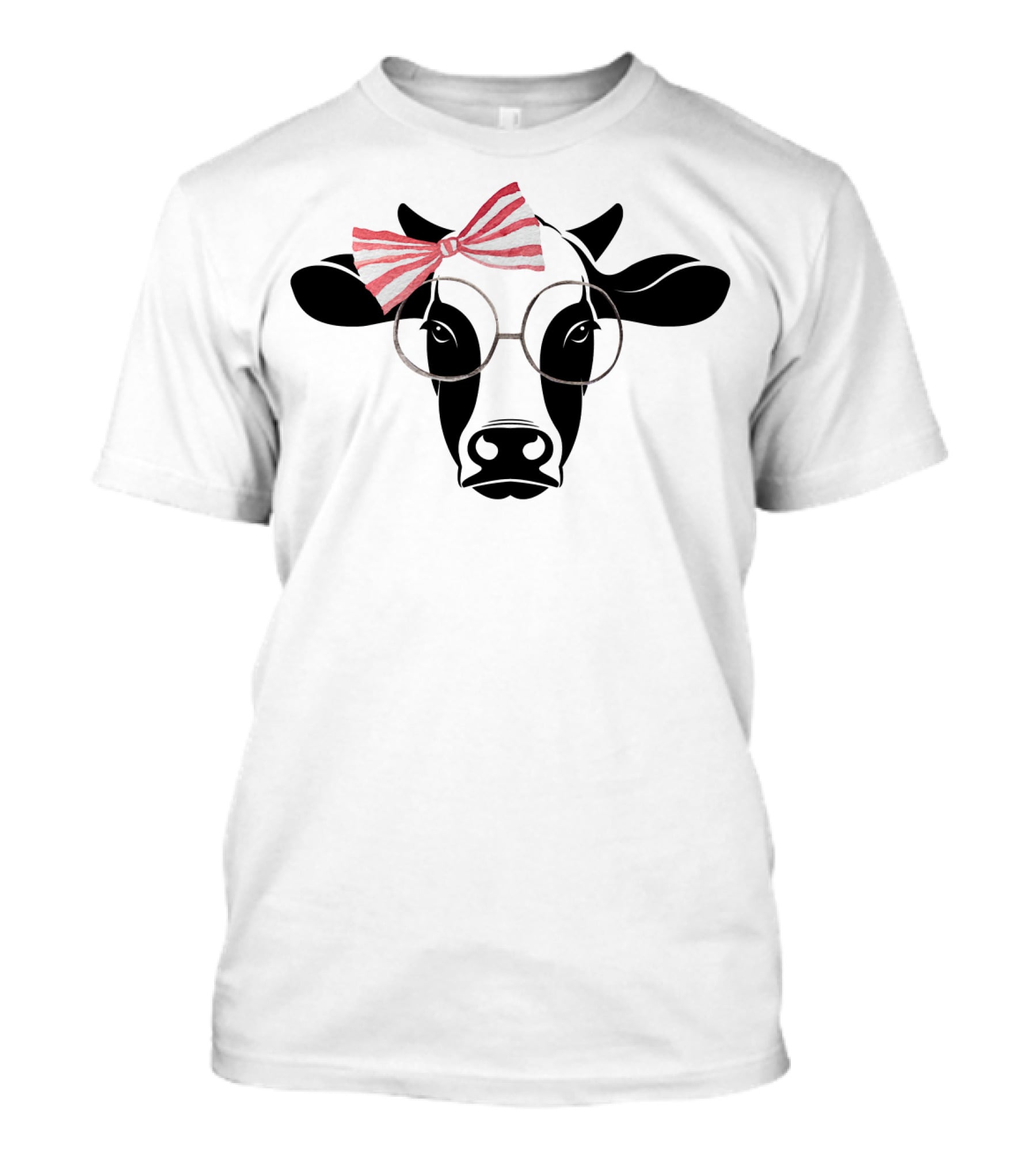Cute Cow With Pink Striped Bow And Glasses T-Shirt