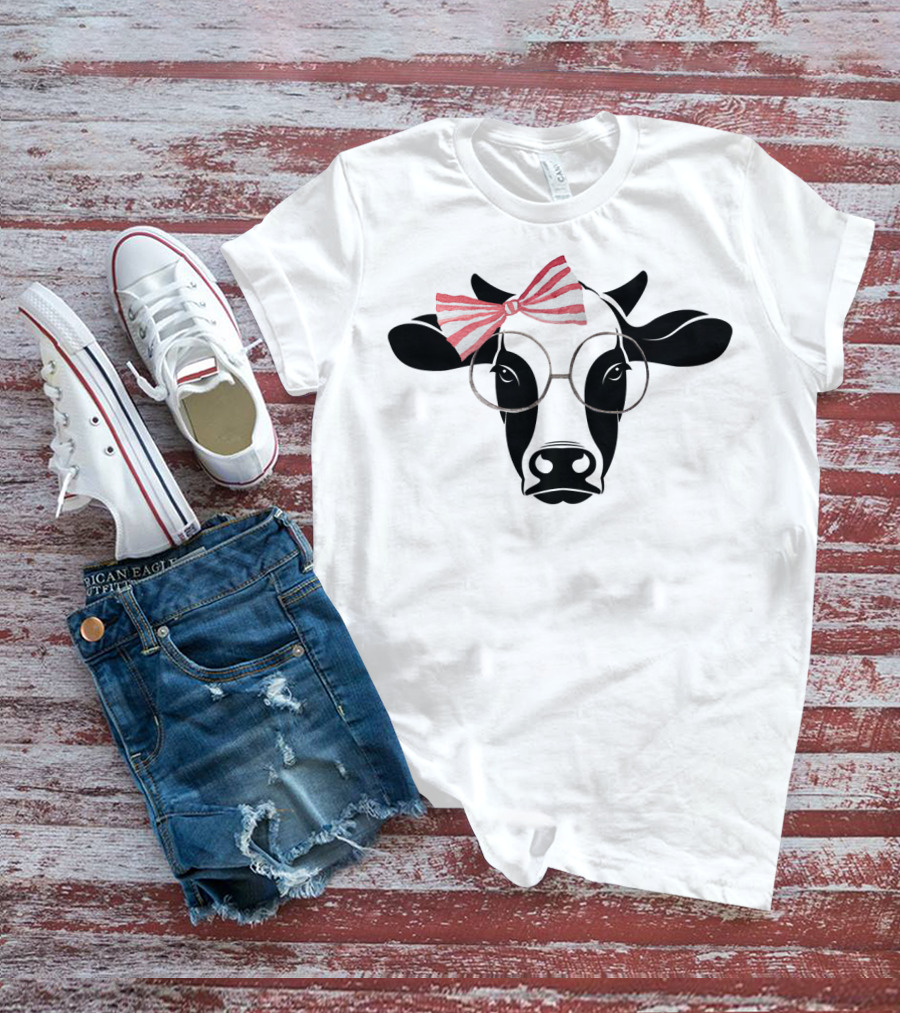 Cute Cow With Pink Striped Bow And Glasses T-Shirt
