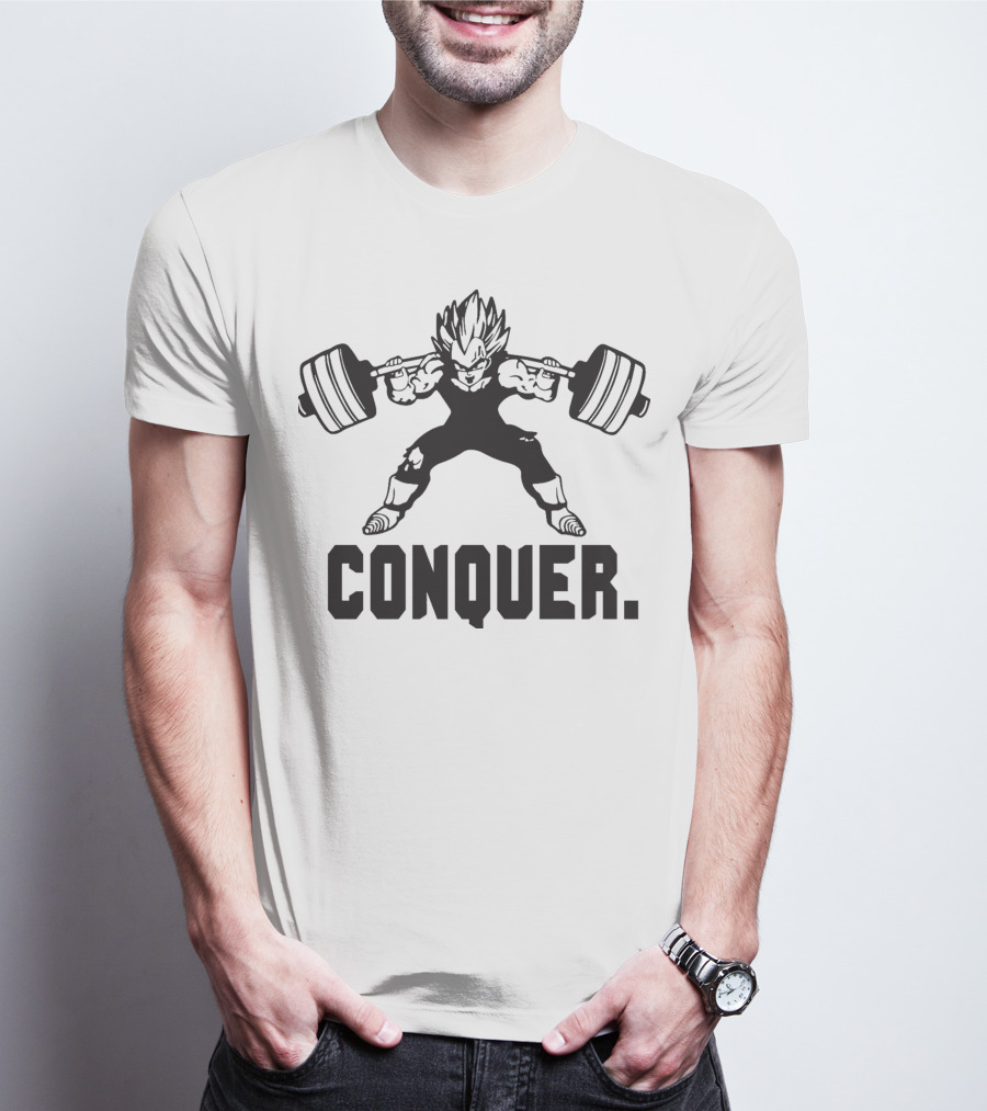 CONQUER Vegeta Squat Training Powerlifting Dragon Ball Fitness Motivation T-Shirt