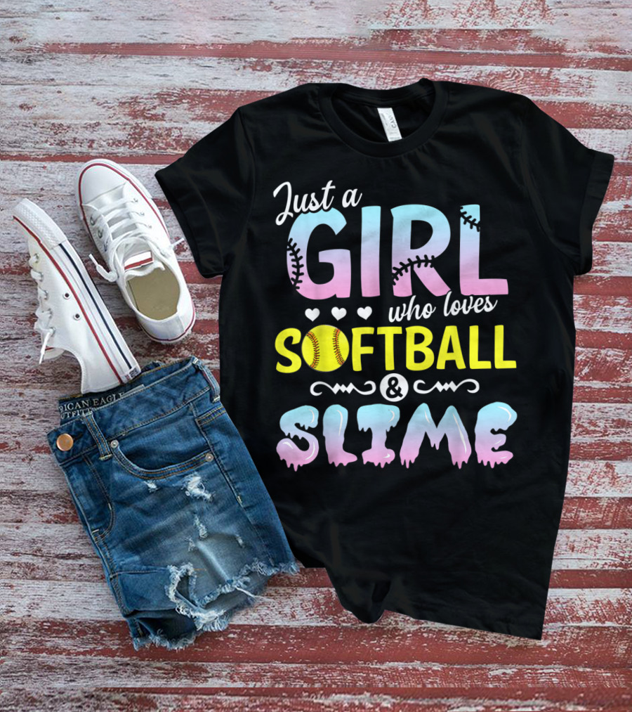 Just A Girl Who Loves Softball And Slime With Pastel Letters And Baseball Stitching T-Shirt