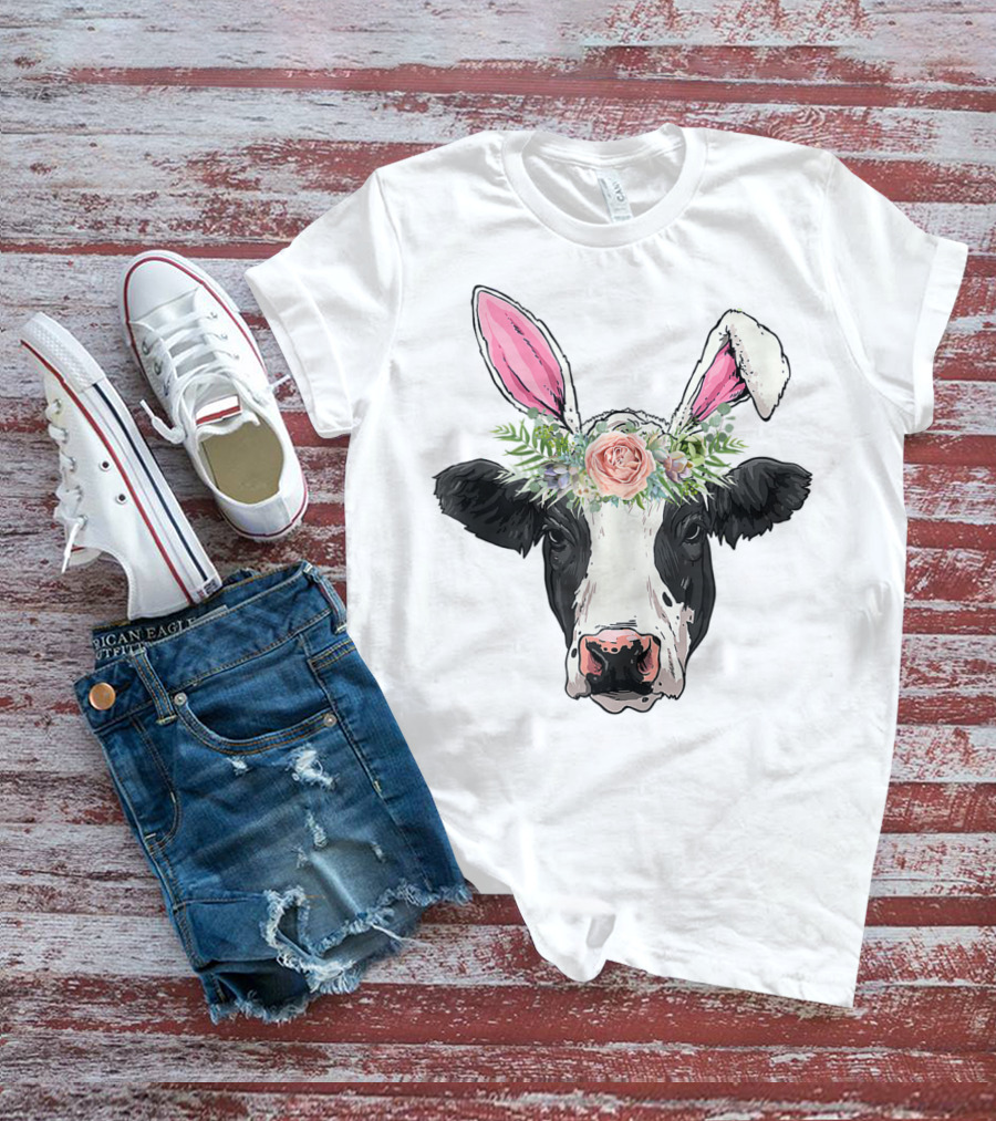 Funny Cow Easter Bunny Flower Crown T-Shirt