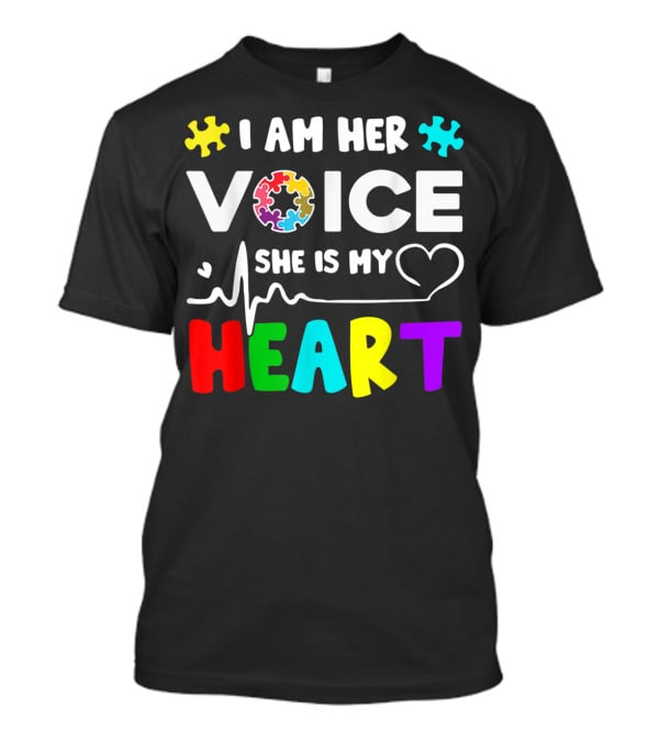 I Am Her Voice She Is My Heart Autism Awareness Puzzle Pieces T-Shirt