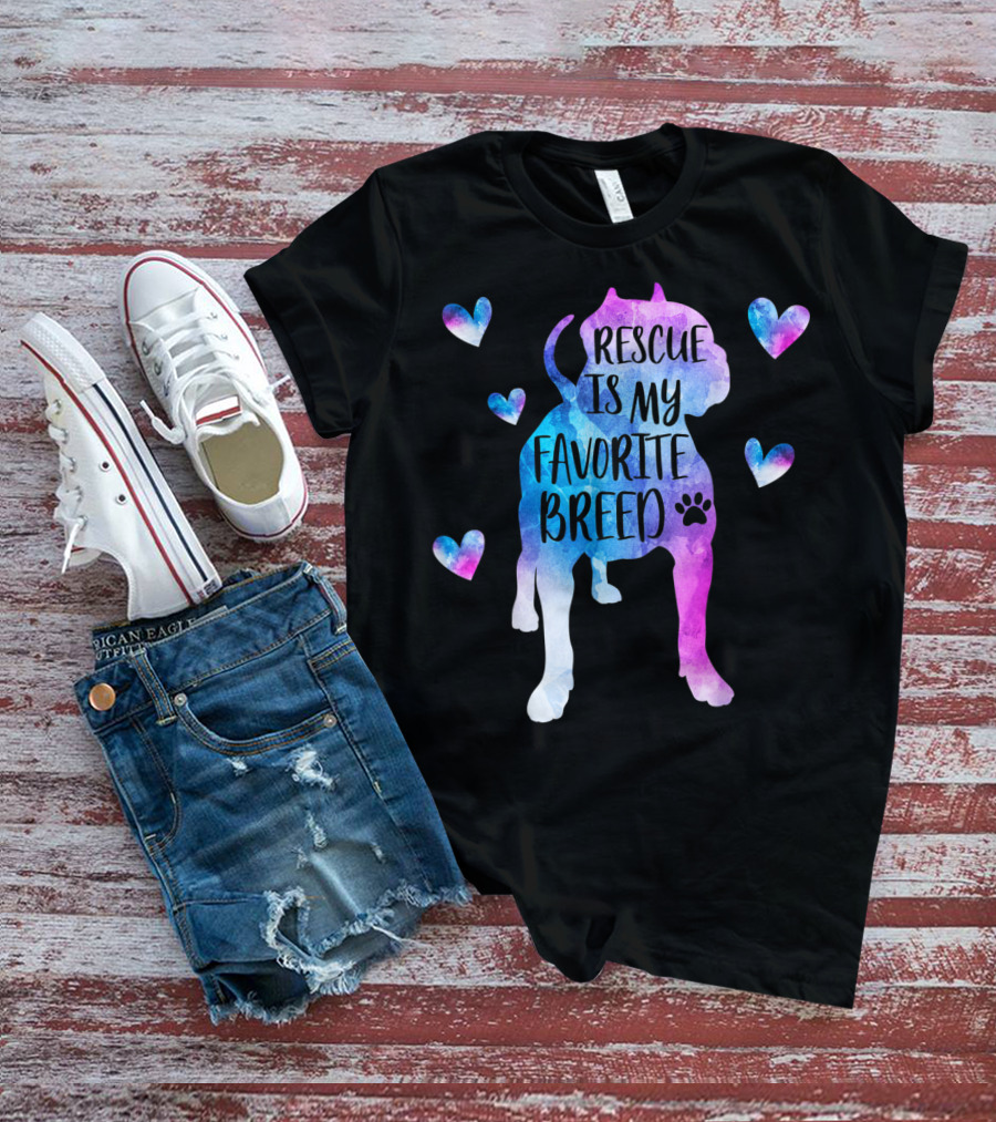 Rescue Is My Favorite Breed Watercolor Pitbull Hearts T-Shirt