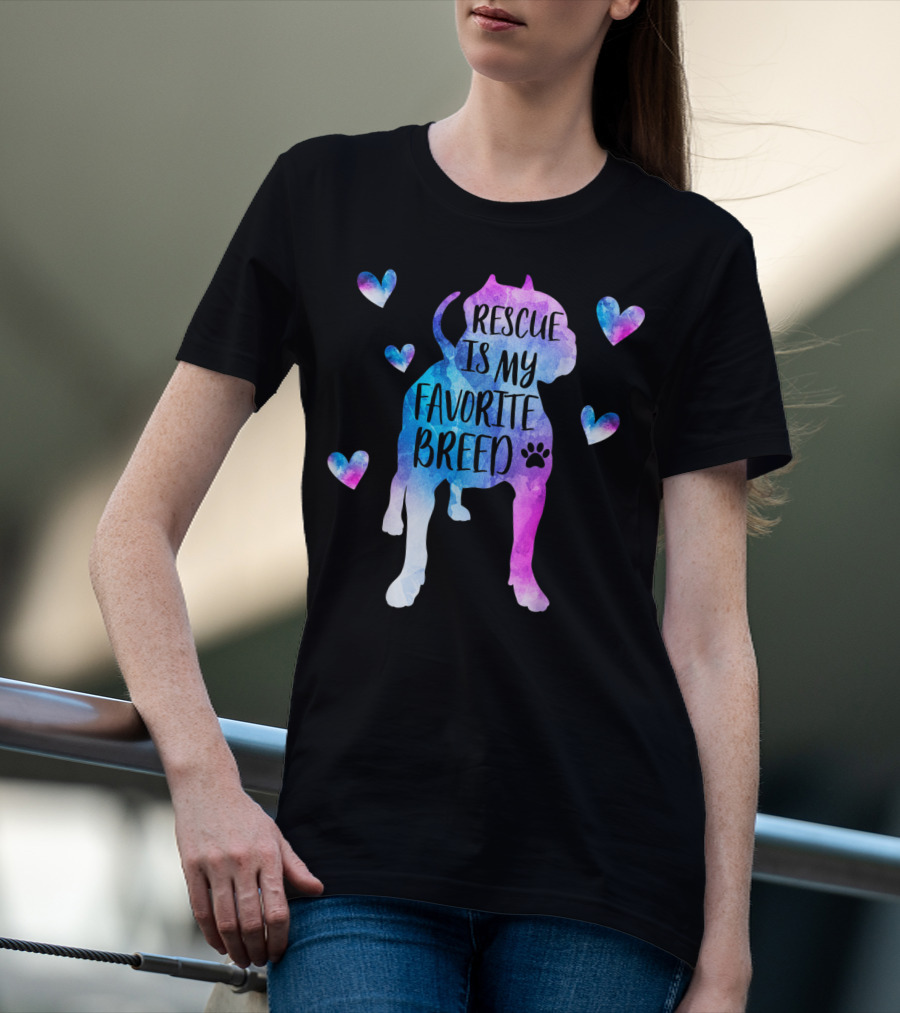 Rescue Is My Favorite Breed Watercolor Pitbull Hearts T-Shirt