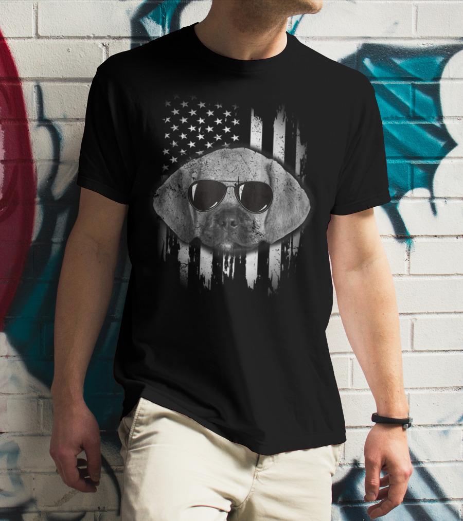 Proud American Puggle With Sunglasses And American Flag Background T-Shirt