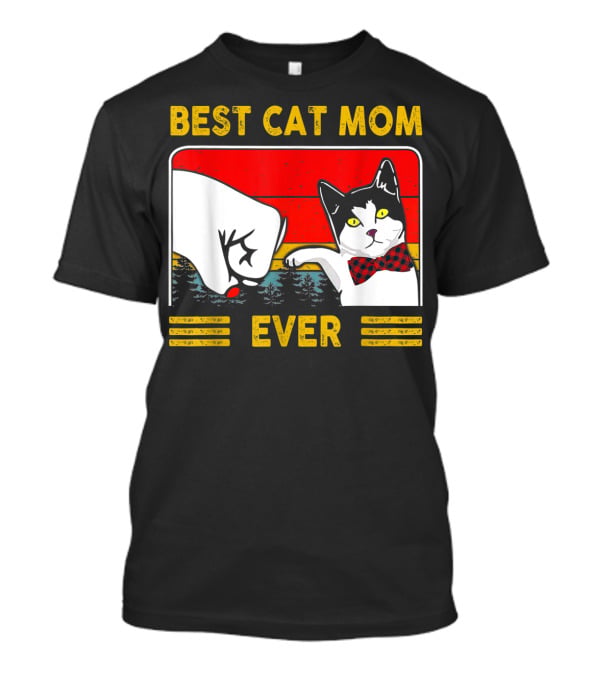 BEST CAT MOM EVER Retro Vintage Cat With Fist Bump And Bow Tie T-Shirt