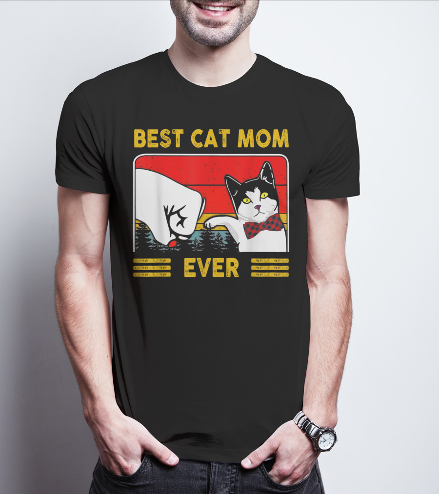 BEST CAT MOM EVER Retro Vintage Cat With Fist Bump And Bow Tie T-Shirt