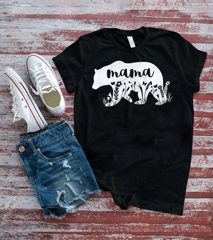 Mama Bear Floral With Flowers And Butterflies Motif T-Shirt