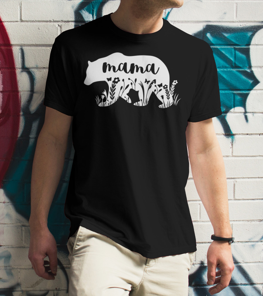 Mama Bear Floral With Flowers And Butterflies Motif T-Shirt