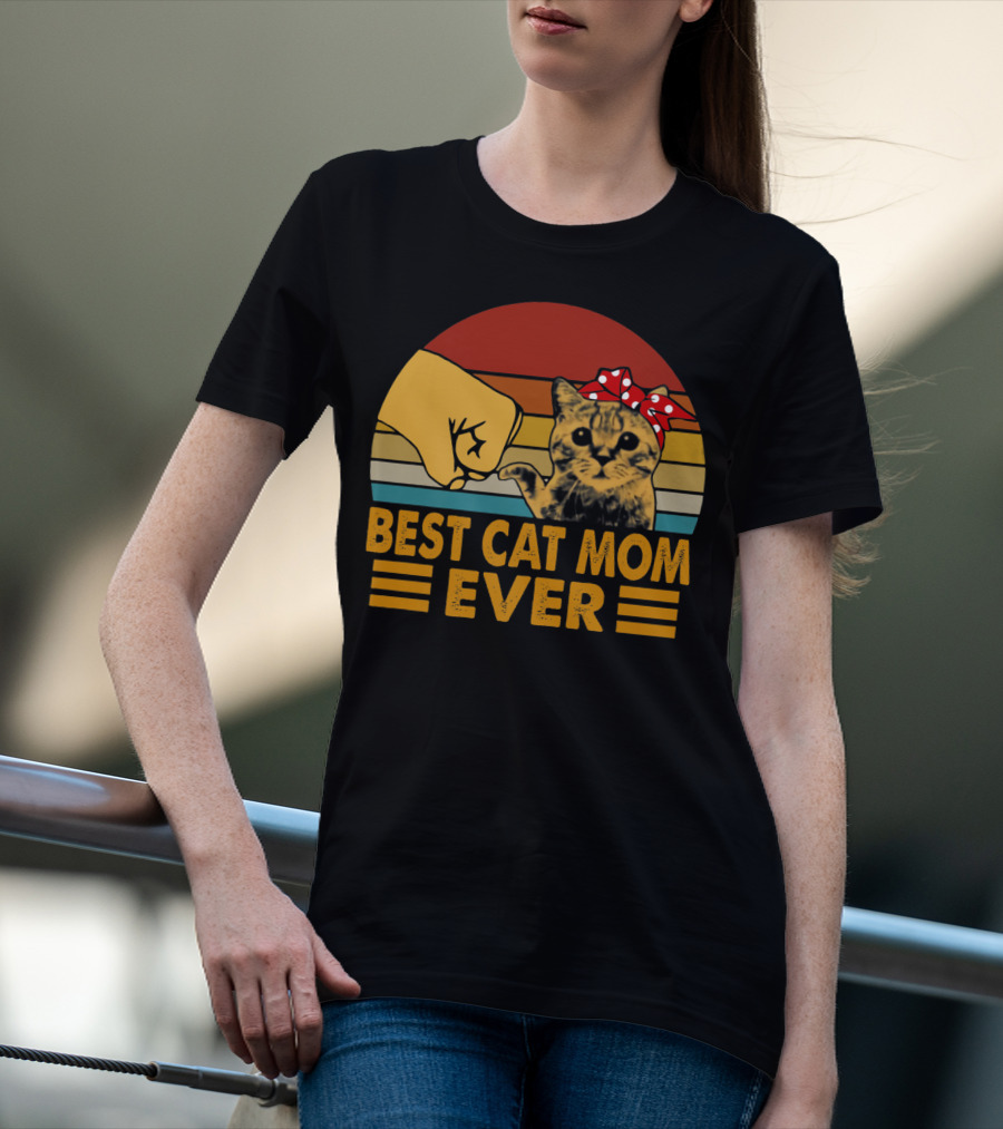 Best Cat Mom Ever Vintage Fist Bump With Cat Bow Stripes T-Shirt