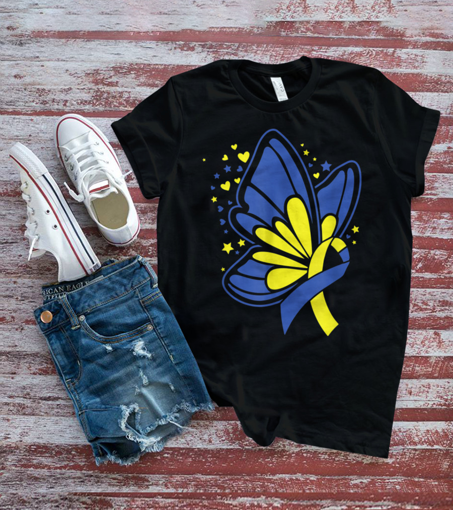 Butterfly T21 World Down Syndrome Awareness Day Ribbon Hearts And Stars T-Shirt