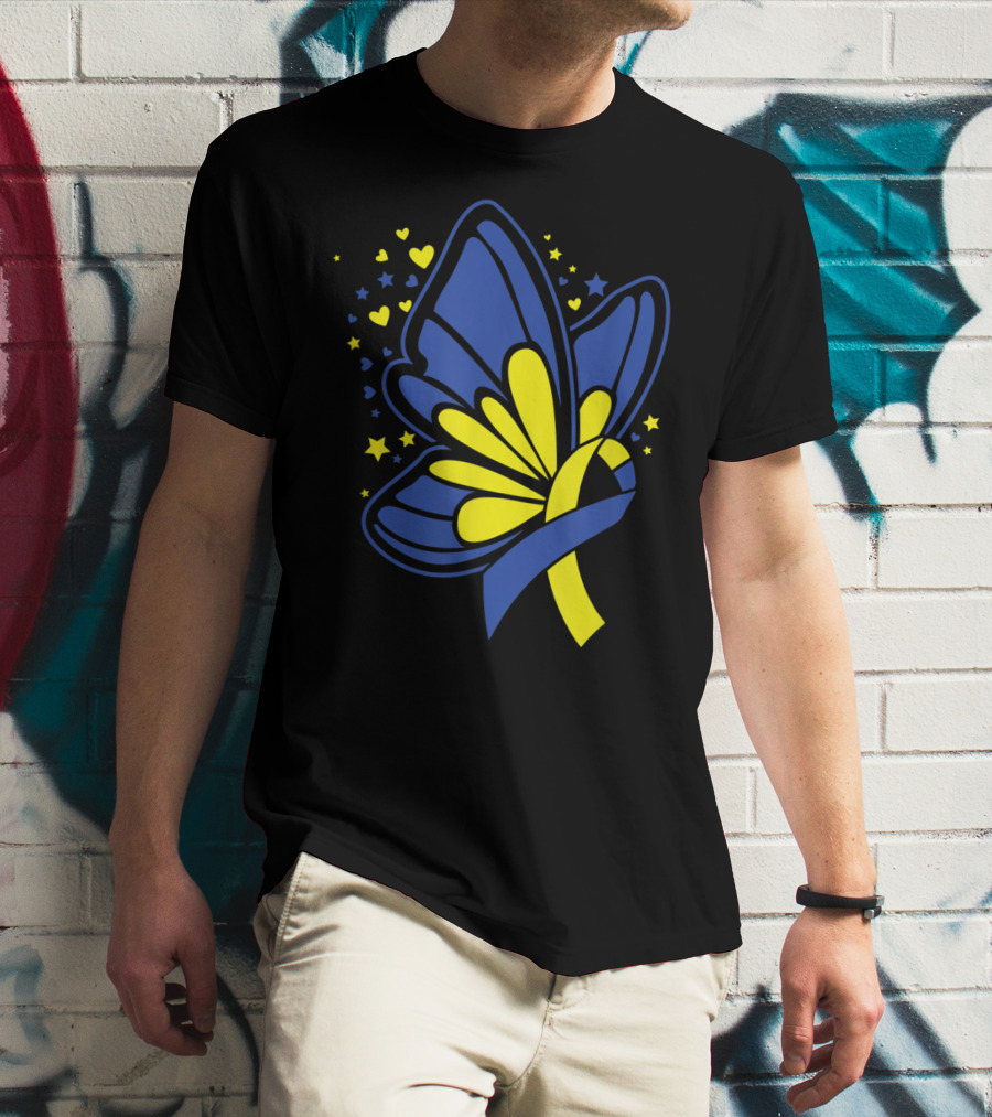 Butterfly T21 World Down Syndrome Awareness Day Ribbon Hearts And Stars T-Shirt