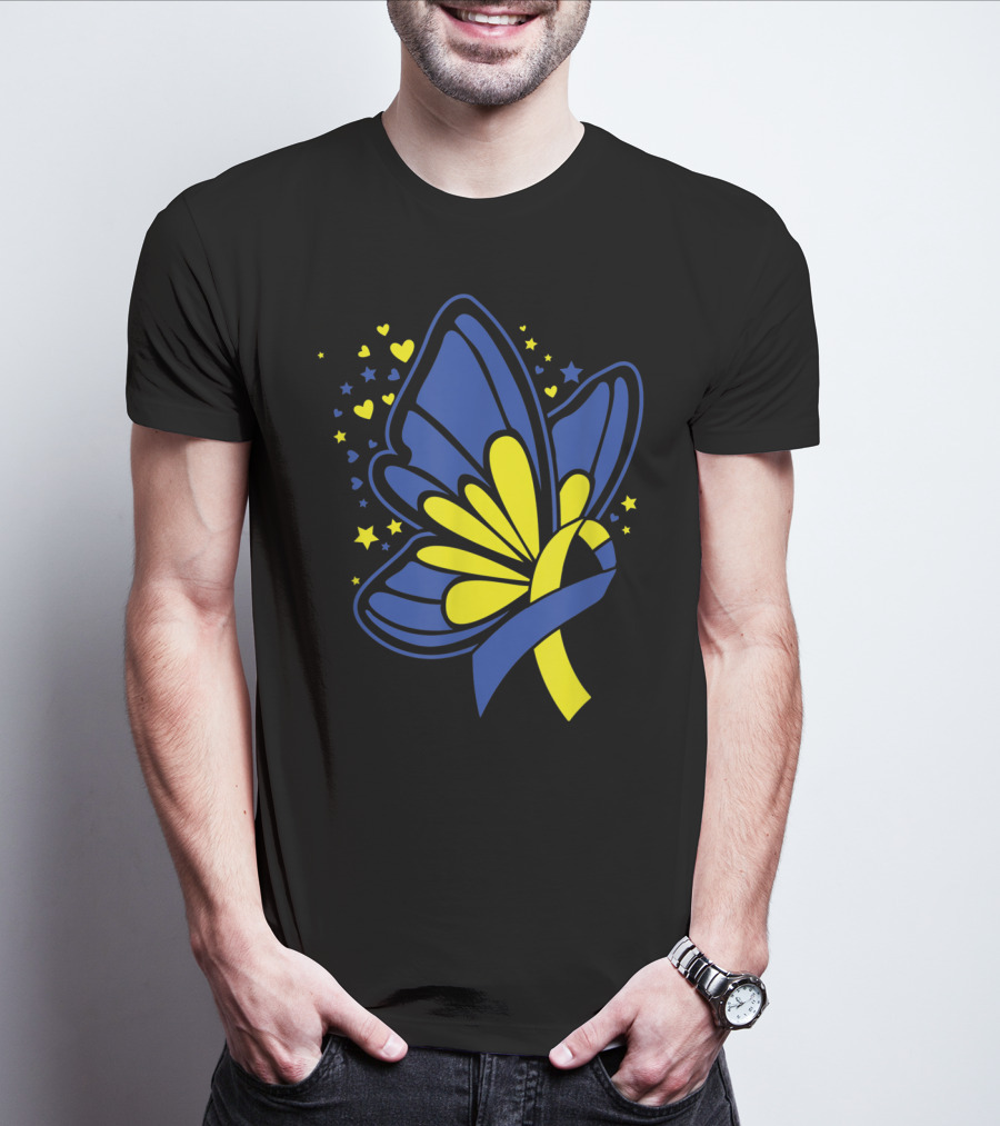 Butterfly T21 World Down Syndrome Awareness Day Ribbon Hearts And Stars T-Shirt