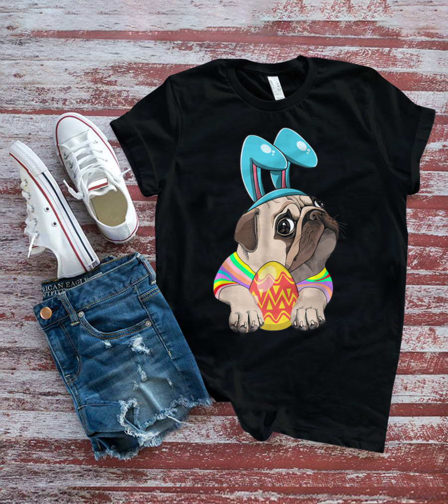 Cute Easter Pug With Bunny Ears Hugging Egg T-Shirt