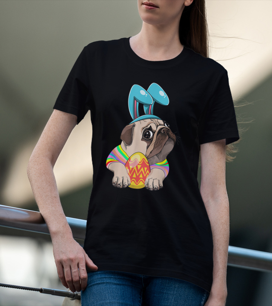 Cute Easter Pug With Bunny Ears Hugging Egg T-Shirt