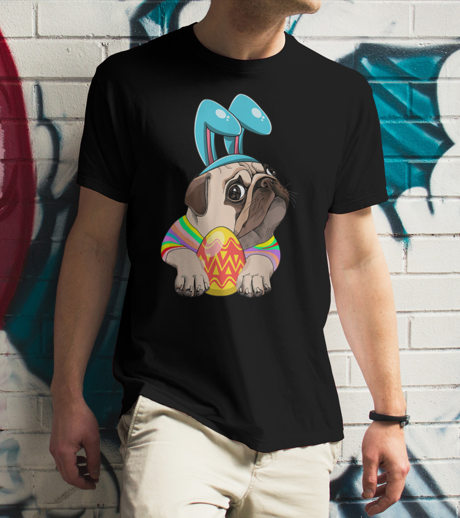 Cute Easter Pug With Bunny Ears Hugging Egg T-Shirt