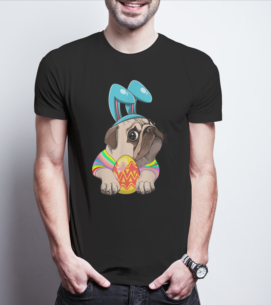 Cute Easter Pug With Bunny Ears Hugging Egg T-Shirt