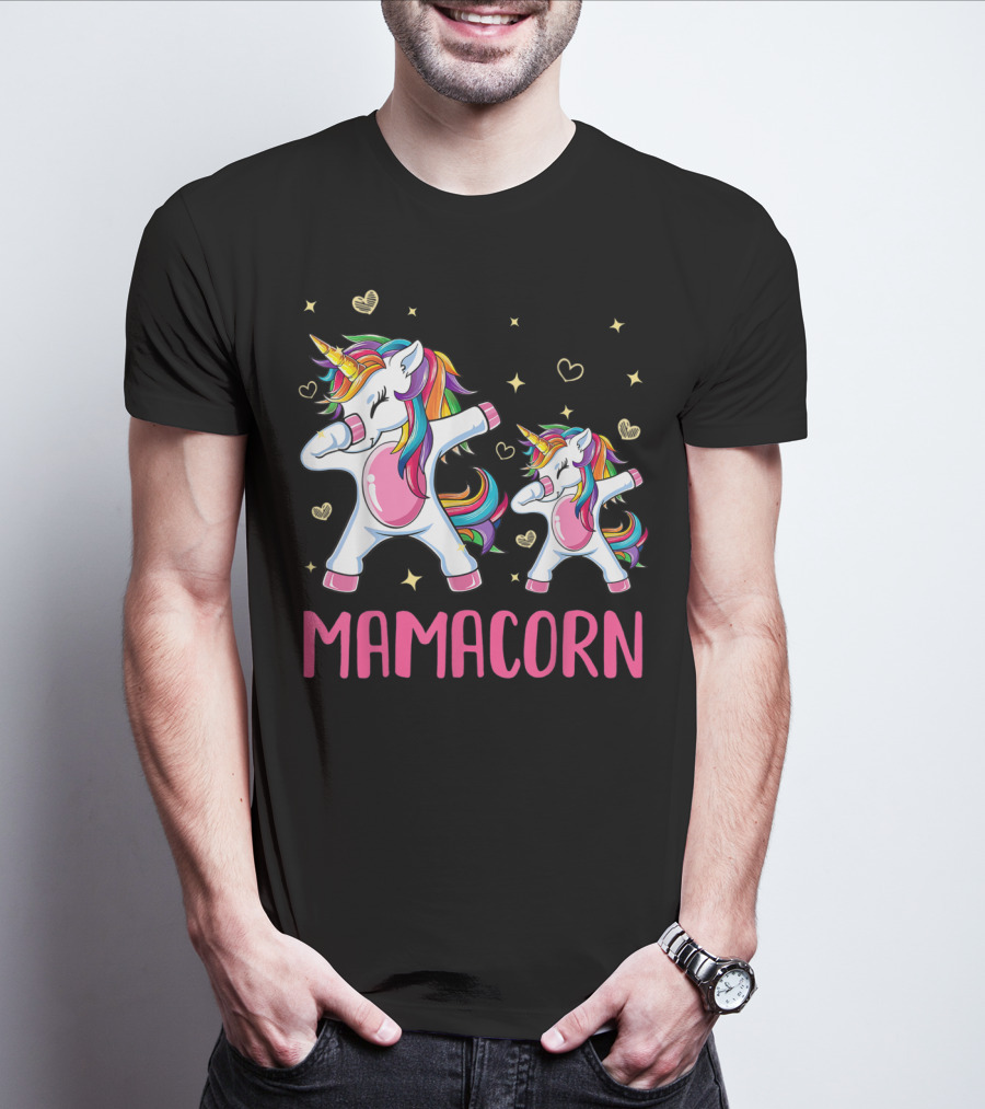 Colorful Dabbing Unicorns Mamacorn With Rainbow Hair And Hearts T-Shirt