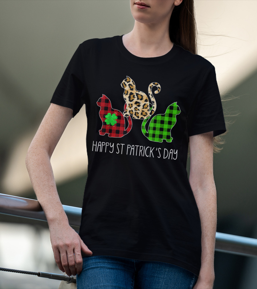 Happy St Patrick’s Day Leopard Buffalo Plaid Cat Trio T-Shirt