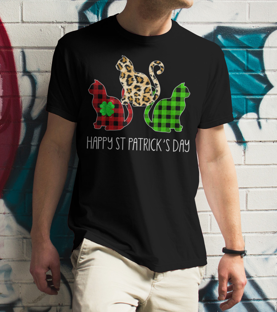 Happy St Patrick’s Day Leopard Buffalo Plaid Cat Trio T-Shirt