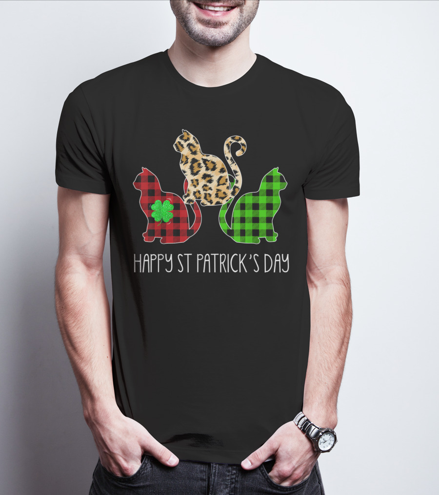 Happy St Patrick’s Day Leopard Buffalo Plaid Cat Trio T-Shirt