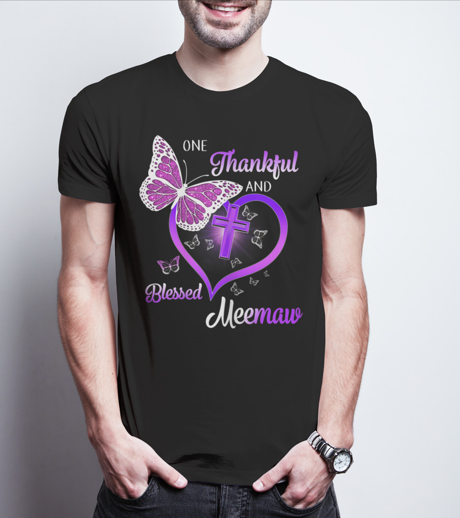 One Thankful And Blessed Meemaw Butterfly Cross Heart T-Shirt