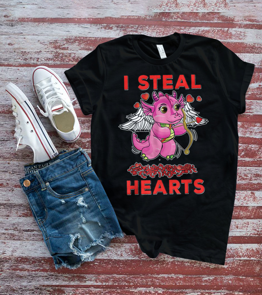 I Steal Hearts Valentine's Day Cute Cupid Dragon Girl With Bow And Roses T-Shirt