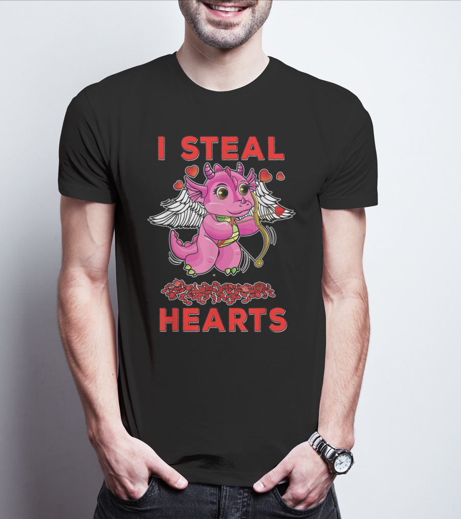 I Steal Hearts Valentine's Day Cute Cupid Dragon Girl With Bow And Roses T-Shirt