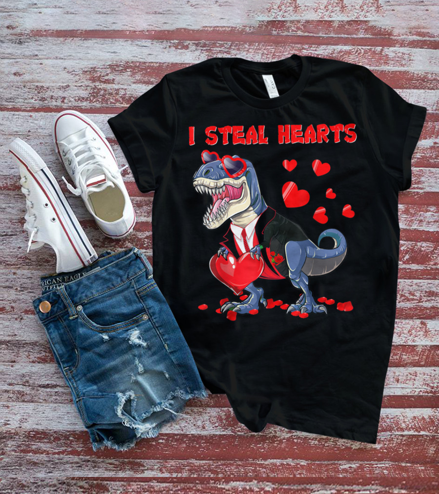 I Steal Hearts Valentines Day Dinosaur In Tuxedo With Hearts T-Shirt
