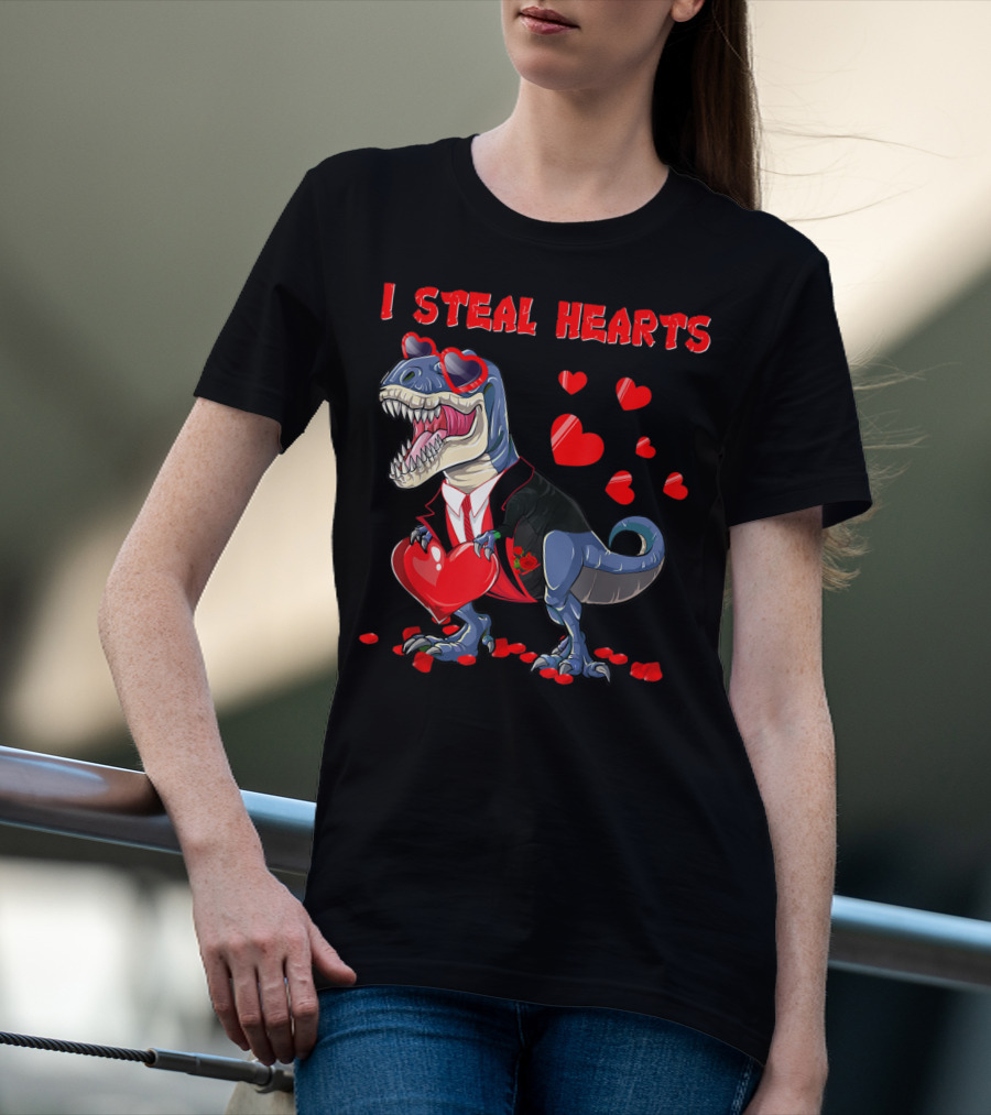 I Steal Hearts Valentines Day Dinosaur In Tuxedo With Hearts T-Shirt