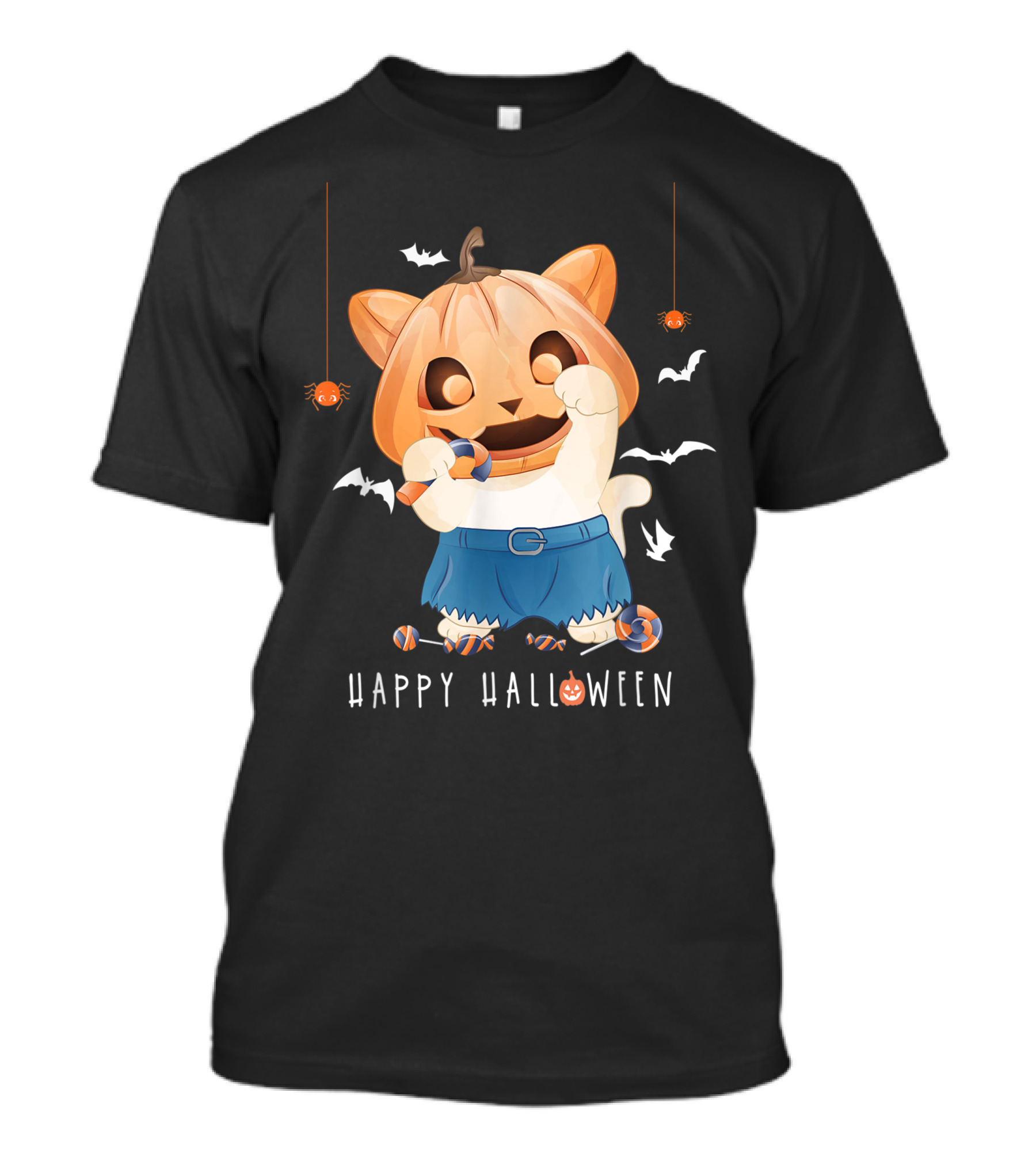 Happy Halloween Pumpkin Cat With Candy And Bats T-Shirt