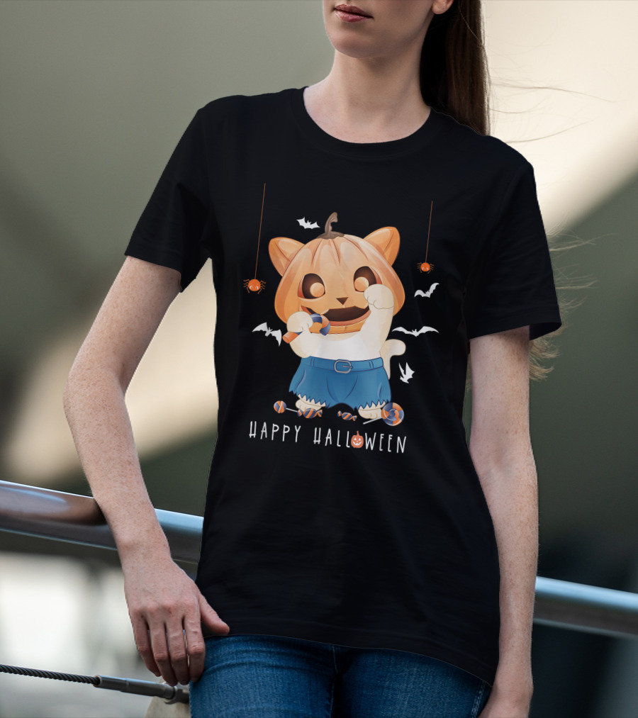 Happy Halloween Pumpkin Cat With Candy And Bats T-Shirt