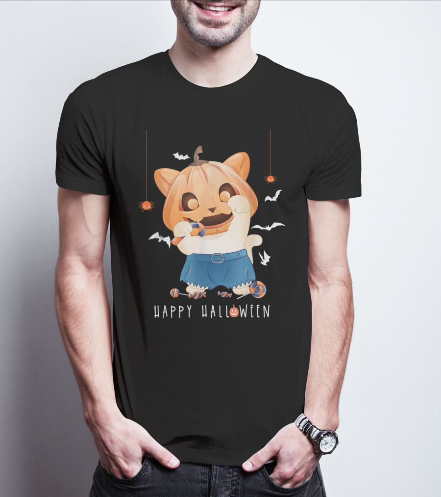 Happy Halloween Pumpkin Cat With Candy And Bats T-Shirt