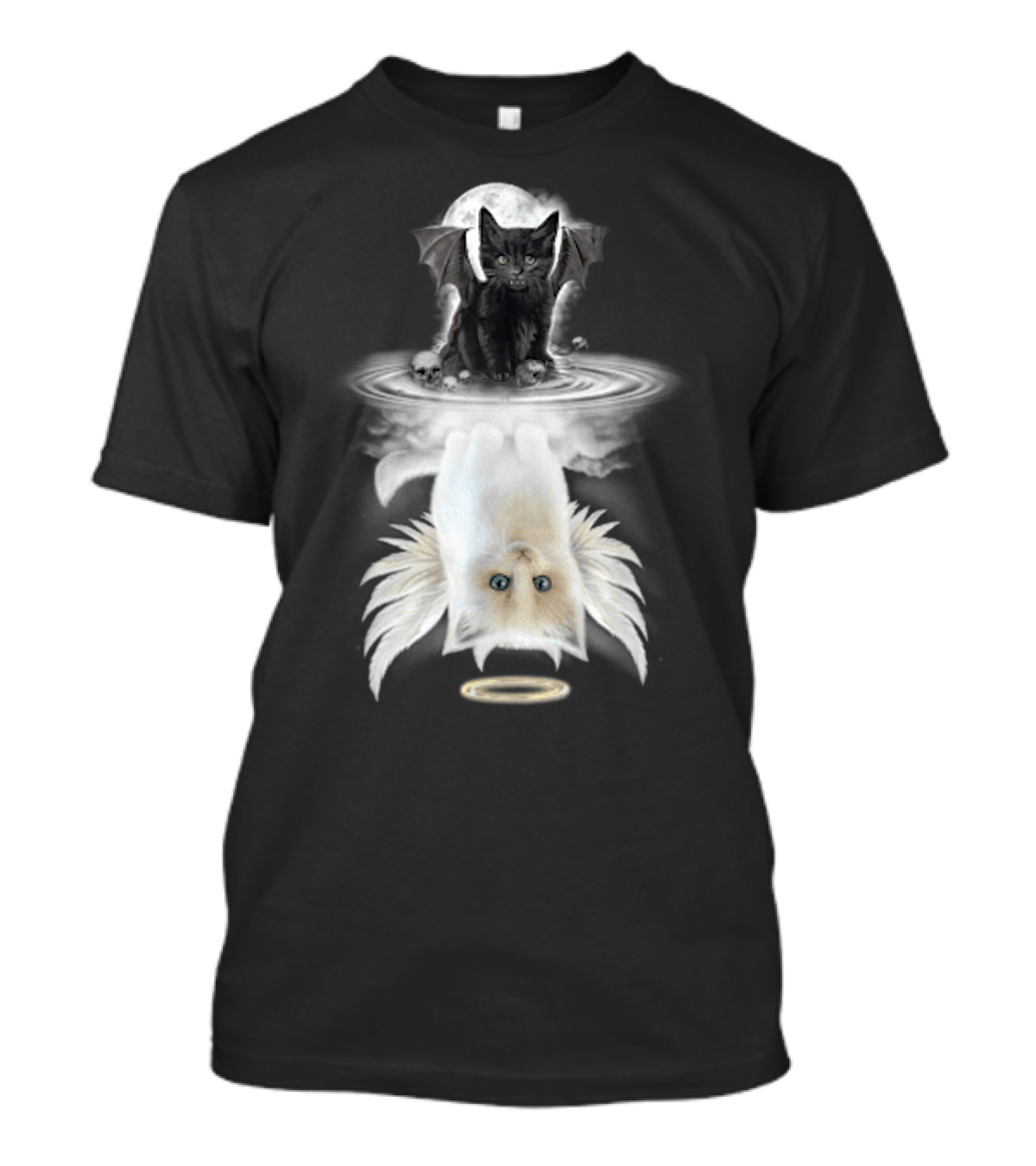 Black Cat Devil With Wings White Cat Angel With Halo Reflection Moon Skulls T-Shirt