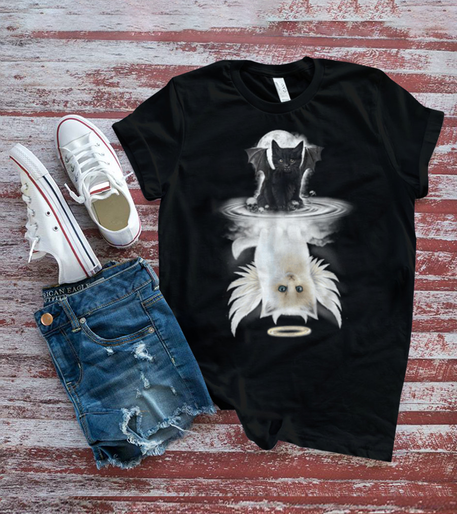 Black Cat Devil With Wings White Cat Angel With Halo Reflection Moon Skulls T-Shirt