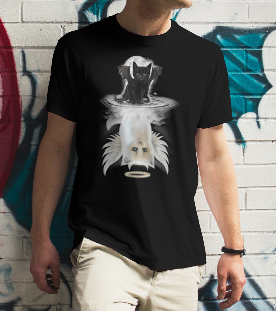 Black Cat Devil With Wings White Cat Angel With Halo Reflection Moon Skulls T-Shirt