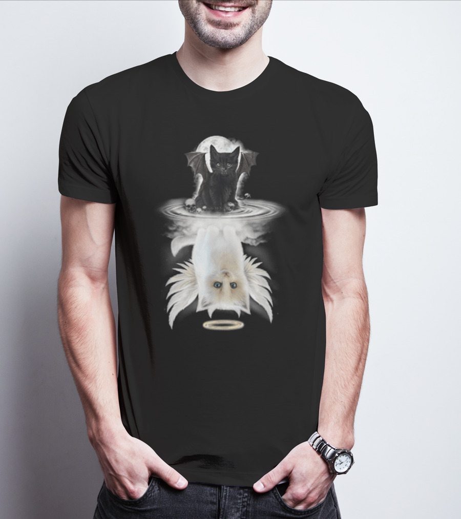 Black Cat Devil With Wings White Cat Angel With Halo Reflection Moon Skulls T-Shirt