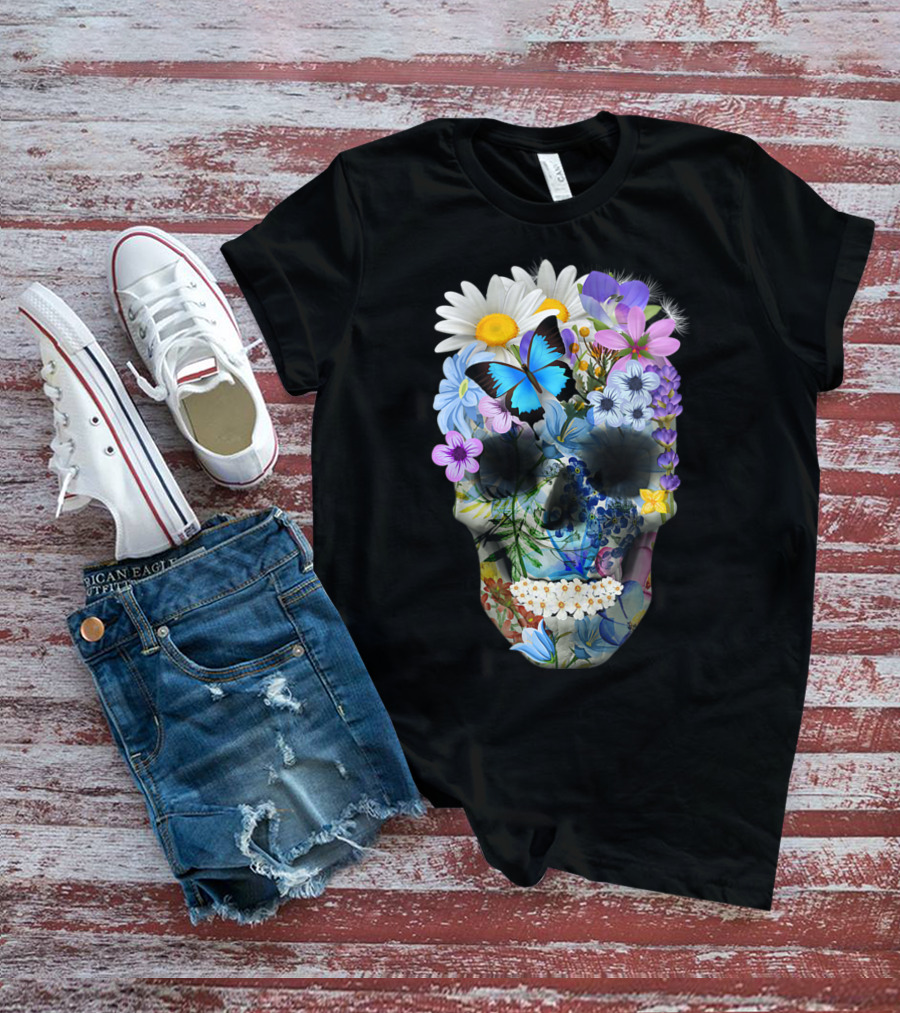 Halloween Floral Sugar Skull With Colorful Flowers And Butterfly T-Shirt