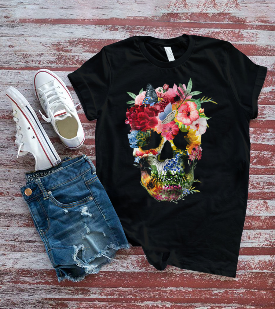 Floral Sugar Skull Butterfly Garden Bouquet T-Shirt
