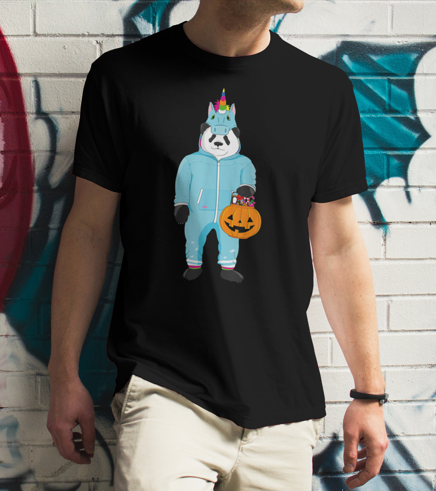 Panda Wearing Unicorn Costume Holding Spooky Pumpkin Lantern In Halloween T-Shirt