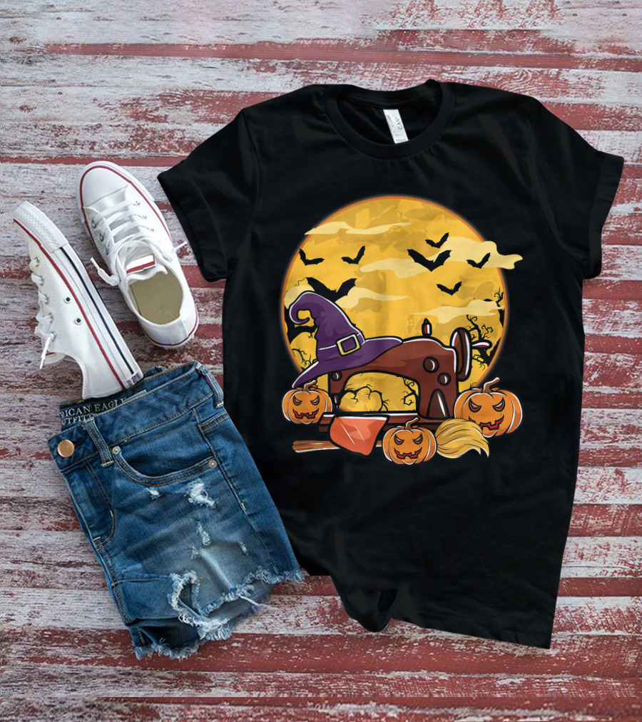 Spooky Sewing Machine With Halloween Pumpkins And Witch Hat In Full Moon Bat Swarm T-Shirt
