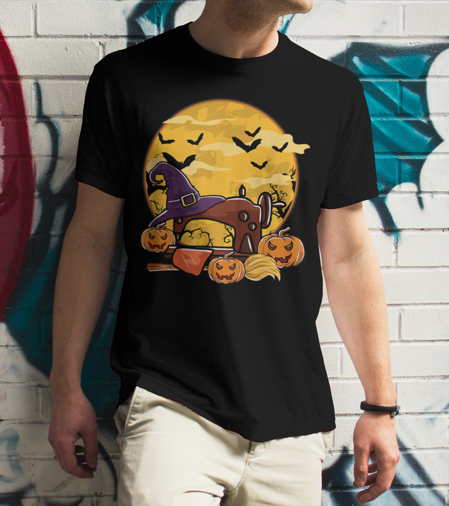 Spooky Sewing Machine With Halloween Pumpkins And Witch Hat In Full Moon Bat Swarm T-Shirt