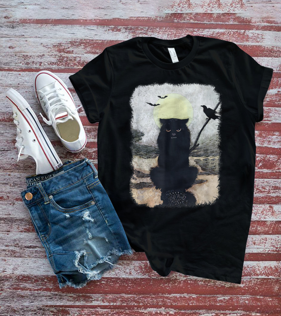 Moonlit Spooky Halloween Scary Black Cat With Bats And Crow T-Shirt