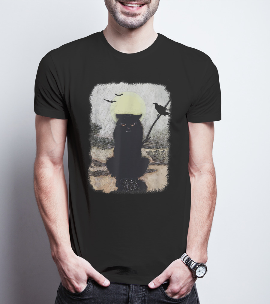 Moonlit Spooky Halloween Scary Black Cat With Bats And Crow T-Shirt