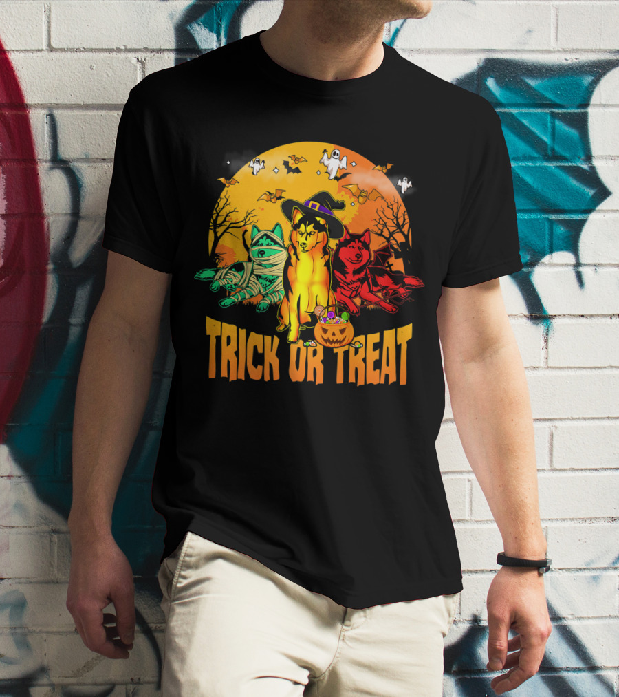 Trick Or Treat Siberian Husky Halloween Ghosts Pumpkins And Bats T-Shirt