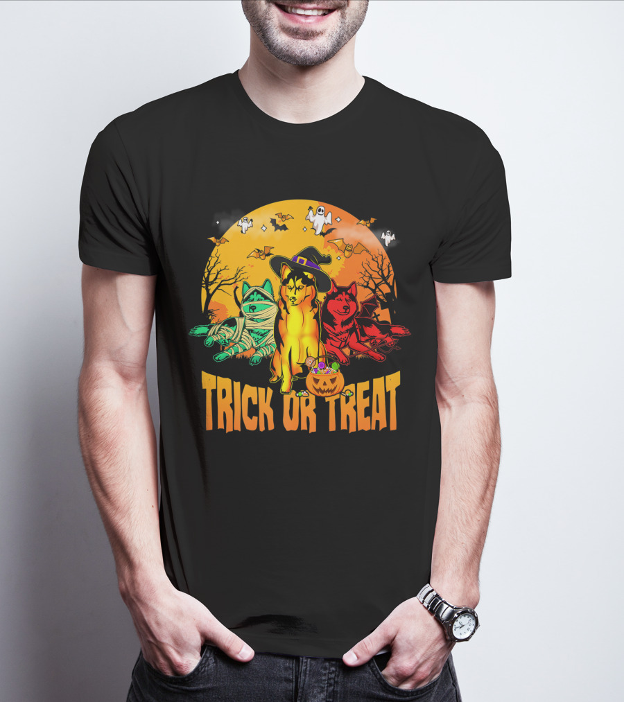 Trick Or Treat Siberian Husky Halloween Ghosts Pumpkins And Bats T-Shirt